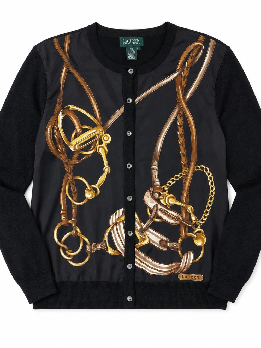 Ralph Lauren Cashmere Silk Black Cardigan with Gold Equestrian Chain Print 1990s